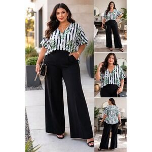 Ashley Stewart Womens 18/20W Tropical Palm Stripe V-Neck Flutter Sleeve Blouse